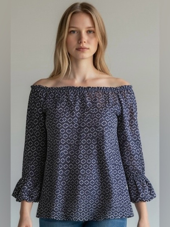 MICHAEL Michael Kors Tops - MICHAEL Michael Kors Navy Off-Shoulder Geometric Print Peasant 3/4 Sleeve Top